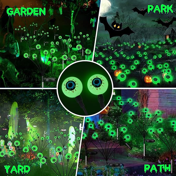 YIQU 2 Pack Halloween Outdoor Decorations Solar Eyeball Lights, 12 LED Green Eyeball Swaying Firefly Light with 2 Lighting Modes, Halloween Decor Waterproof for Patio Yard Lawn Graveyard Props