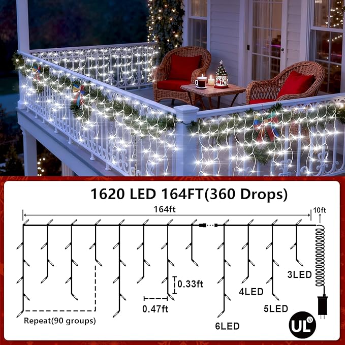 1620 LED 164ft Outdoor Christmas Lights, 12 Modes Dimmable Curtain String Lights with 360 Drops, Waterproof Twinkle Fairy Lights with Timer for Bedroom Window Holiday Wedding Xmas Decor, Cool White
