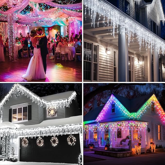 Solar Christmas Lights Outdoor, 66+16Ft 660LED Multicolor & Cool White Dual Color Changing Icicle Lights 2400mAH Connectable Rechargeable Dimmable Remote 8 Modes for Xmas House Roof Holiday Party