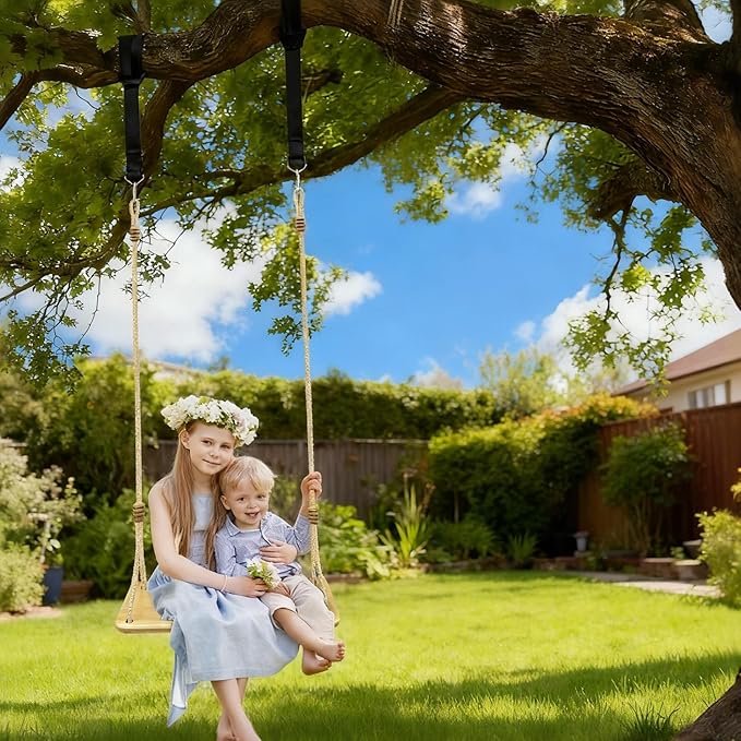 500LBS Waterproof Wooden Swing Seat Hermetic Oil Sealing for Outdoor Indoor, 16 x 7 x 0.8 Adjustable Hanging Tree Straps for Adults & Kids, Bamboo Wood Swing Set Accessories for Backyard Playground