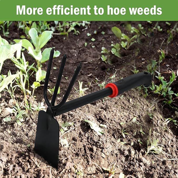 Hoe and Cultivator Garden Rake with Rubber Handle, Hoe & Sturdy 3 Claw Tiller, 2-in-1 Duty Gardening Hand Tools for Digging, Loosening Soil, Weeding, Cultivating