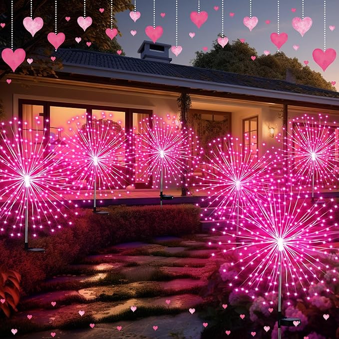 6 Pack Pink Christmas Solar Firework Lights 180 LED 8 Lighting Modes Waterproof Outdoor Decorative Solar Lights for Xmas Wedding Valentine Birthday Garden Patio Yard Pathway Walkway Lawn Decor