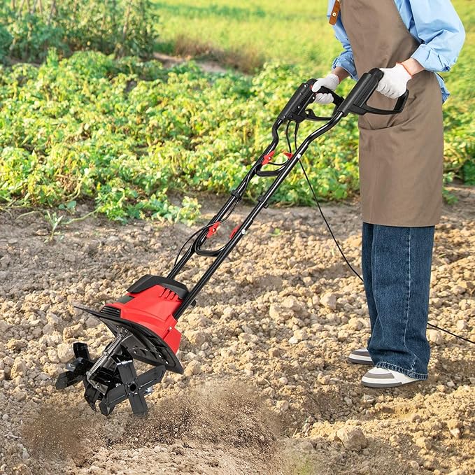 Goplus Corded Electric Tiller Cultivator, 10 Amp Powerful Foldable Garden Rototiller w/ 14 Inch Tilling Width & 9 Inch Working Depth, Safety Lock, Gardening Machine for Lawn Soil Digging