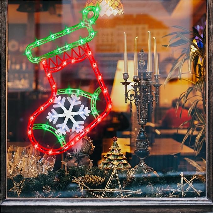 16" Christmas Window Silhouette Lights Decorations - 6 Pack Colour Lighted Reindeer & Bell & Nativity & Candle & Christmas Stocking & Bethlehem Star for Holiday Wall Door Window Decorate