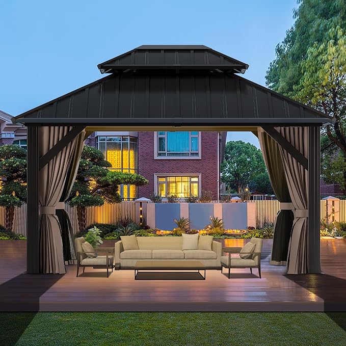 10'x12' Hardtop Gazebo, Outdoor Double Roof Galvanized Steel Gazebo, Aluminum Frame Permanent Pavilion with Curtains & Netting for Backyard, Patio, Deck (Galvanized Steel Top, 10x12 FT)