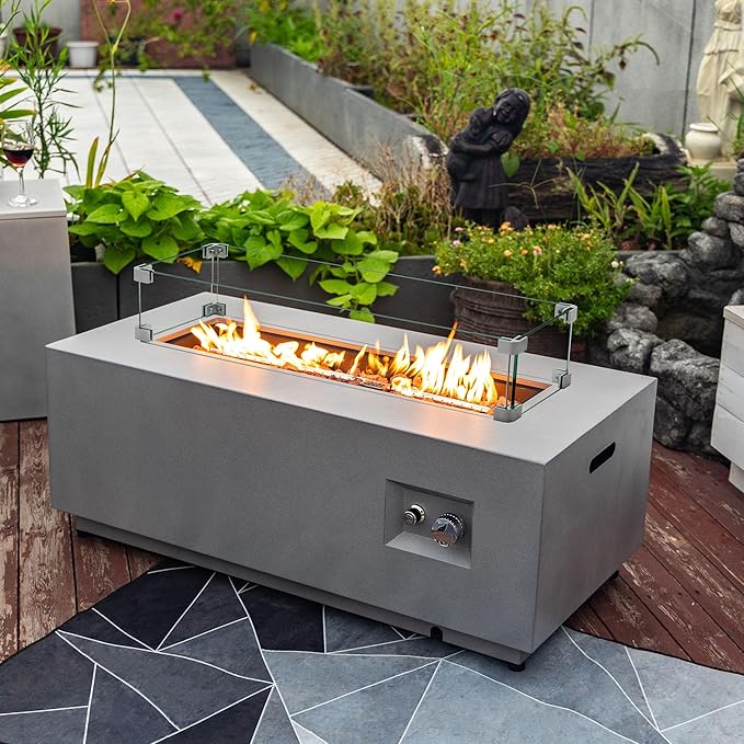 42 Outdoor Propane Fire Pit Table for Patio - 50,000 BTU Rectangular Gas Firepit Table, Grey Commercial-Grade Fireplace with Wind Guard