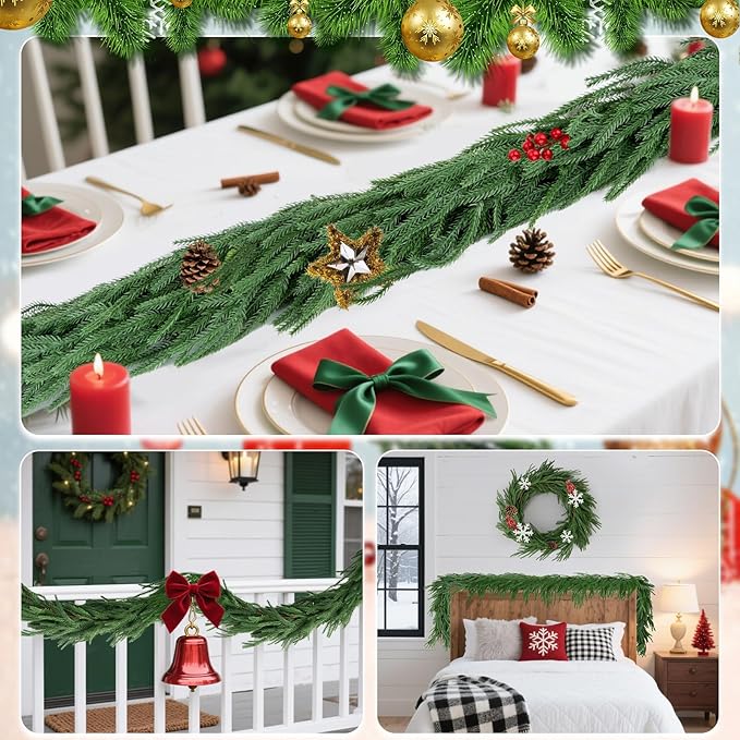 12FT(2 * 6FT)Norfolk Pine Garlands, Christmas Cedar Garland, Real Touch Faux Green Garlands, Winter Artificial Greenery Garland for Mantle, Stairs, Table, Fireplace, Indoor & Outdoor Xmas Decorations