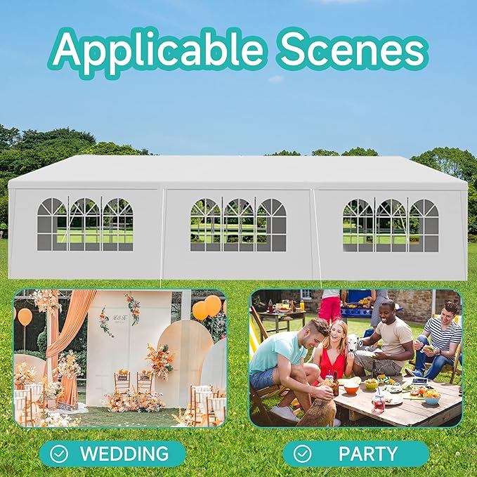 10' x 30' Outdoor Party Canopy Tents with 8 Detachable Sidewalls, White Patio Gazebo Shade Event Shelter Tents with Transparent Windows for Party, Wedding, Birthday, Events, Gatherings, BBQ