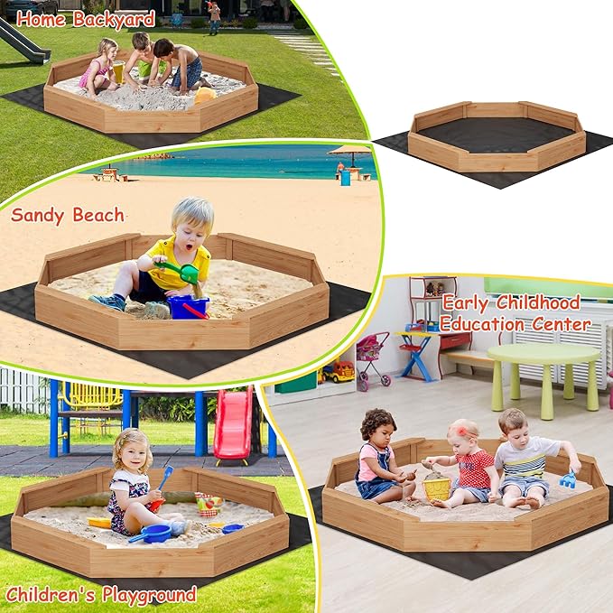 82 Extra Large Wooden Octagon Sandbox with Cover and 4 Bench Seats, Outdoor Kids Sand Pit with Bottom Liner, Fits 6-8 Children, Solid Fir Wood Sandpit for Backyard, Patio, Ages 3-8