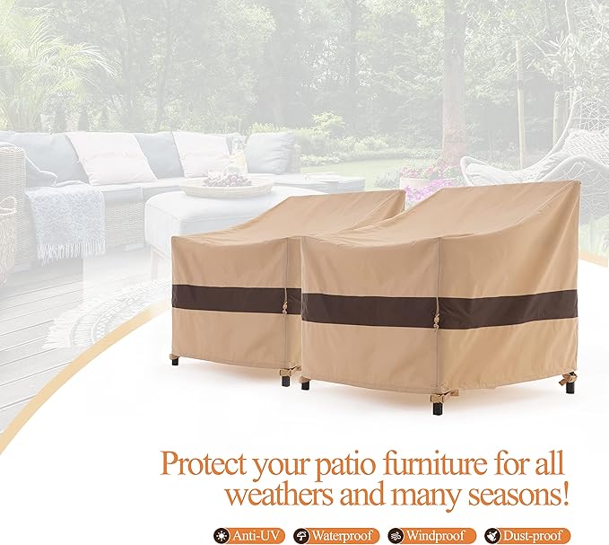WJ-X3 Patio Chair Cover, Outdoor Lounge Cover, Heavy Duty, Waterproof Lawn Chair Covers, 29W x 30D x 36H, Beige & Coffee, 2-Pack