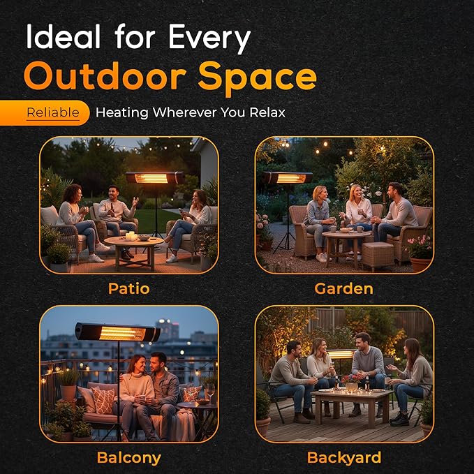 Outdoor Patio Heater 800/1300/1500W with TRIPOD, IP65 Waterproof Infered Heater with Remote Control, Wall or Stand Mount, Silent & Energy-Saving for Balcony, Backyard, Patio