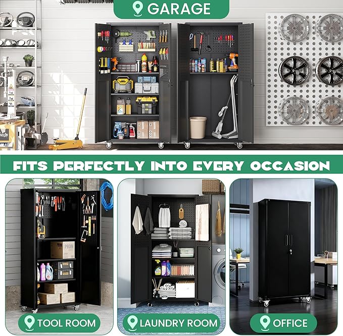 Rolling Tool Cabinet with Pegboard, 71 Tool Cabinets with 4 Adjustable Shelves for Garage, Tool Room, Assembly Required(Black)
