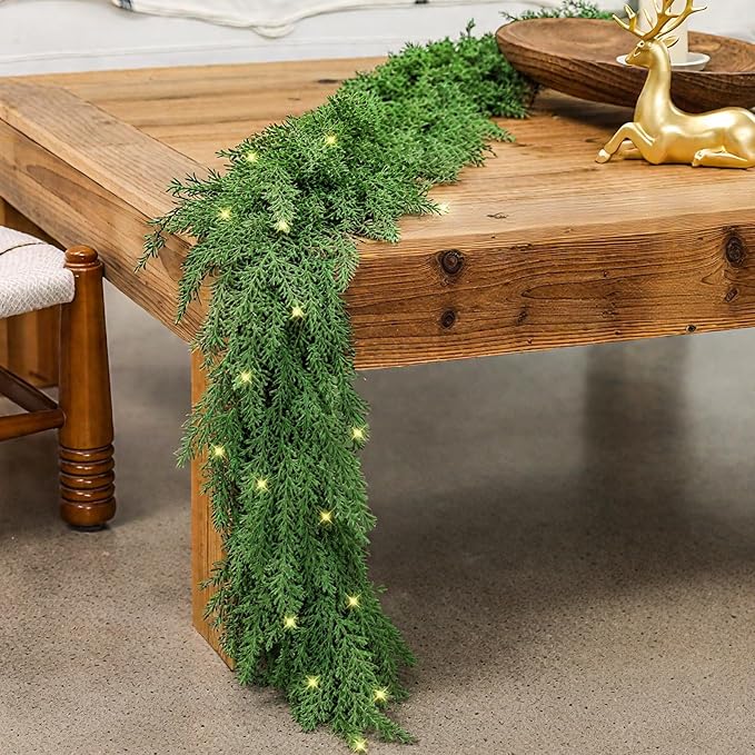 Cedar Christmas Garland for Mantle - 2 PACK Decorations with Lights 9 ft Realistic Lighted Faux Pine Garlands for Xmas Stairs Railing Fireplace Prelit Home Decoration Indoor Outdoor Garland Door Decor