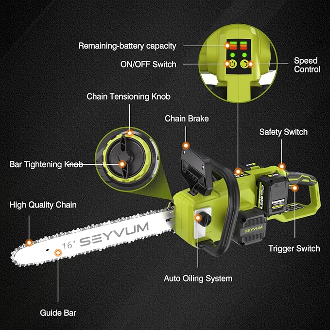 SEYVUM Brushless 40V 16 Inch Chainsaw with 2 x 4.0Ah Batteries, Electric Chain Saw Cordless with Tool-free Chain Tension, Auto Oiling, Heavy-Duty for Tree Felling, Firewood Cutting, Pruning