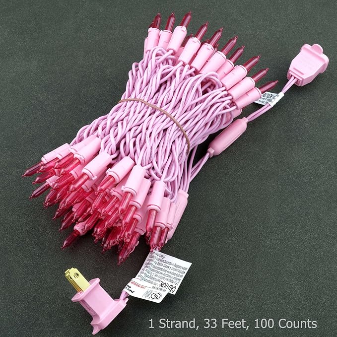 YULETIME Pink LED Christmas Lights with Pink Wire, 33 ft 100 Count UL Certified Commercial Grade Holiday String Light Set