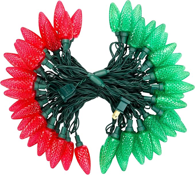 DEWENWILS C9 Christmas Lights Outdoor, 33.3ft 50LED Christmas Tree Lights, Waterproof, Big Christmas Lights, Extendable for Wedding Party Christmas Decoration, Green Wire, Red & Green, UL Listed