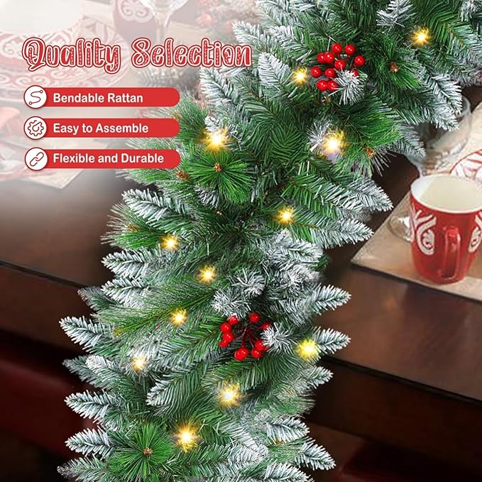9FT Artificial Christmas Garland with LED Light Battery Operated Light Garland with 30 LED Warm Lights and 18 Red Berries for Mantle Stairs Fireplace Xmas Decoration