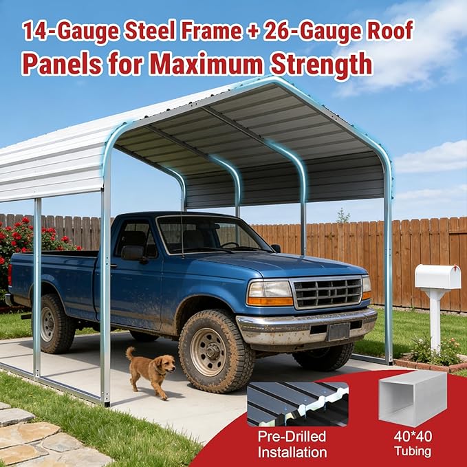 KoreJetMetal11x20FT Heavy-Duty Galvanized Metal Carport, All-Steel Car Ports Vehicle Shelter, Outdoor Car Canopy for Cars Trucks SUVs Boats RVs, Large Car Shed for Driveway Backyard Storage