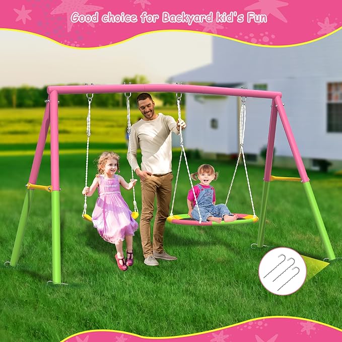 440lbs Swing Set for Backyard with Stand, Swing Heavy Duty Metal Outdoor Swing Stand, Contain 1 Saucer 32 & 1 Belt seat 26.2 for Playground and Backyard Playset, Adjustable Rope (Pink)