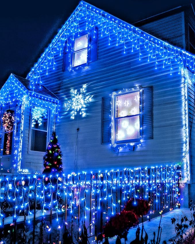 Christmas Lights Outdoor, 53 FT 486 LED Christmas Lights for Outside, Timer & Memory, Plug in 8 Modes Hanging Fairy Lights with 108 Drops for House Eaves Yard Patio Holidays Decorations, Blue