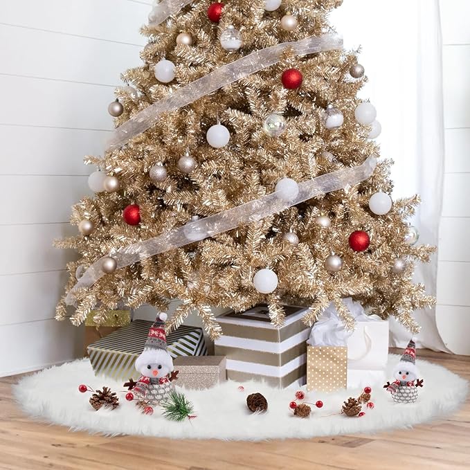 Christmas Tree Skirt, 60 Inch Christmas Decorations Tree Skirt, Faux Fur White Soft Long Thick Velvet Tree Rug, Large Vintage Tree Base Cover Round Mat for Merry Christmas Holiday Party
