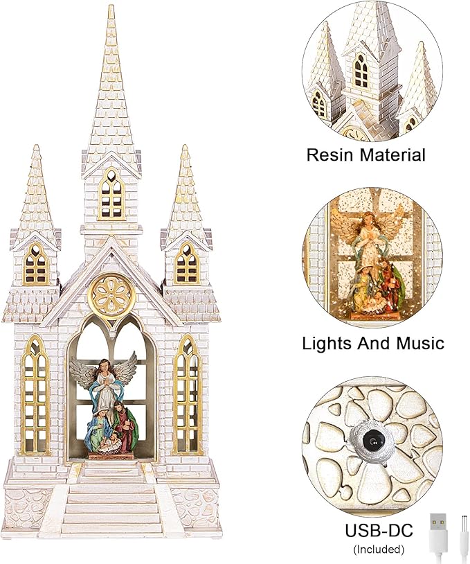 Church Snow Globe Lighted,Christmas Snow Lantern,Angel holy Family Nativity Christmas Eve Glitter Snow Globe with Musical,Christian Decorations Indoor,2 Way Powered