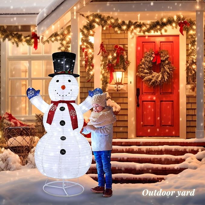 VINGLI 6FT Lighted Snowman Christmas Decorations Outside w/ 200 LED Lights, Pop-up Snowman Ornaments Outdoor with Ground Stakes for Party Holiday Indoor Decor