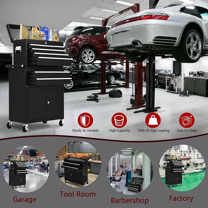 8-Drawer Rolling Tool Chest, 2-in-1 Detachable Top Tool Cabinet with Removable High Capacity Storage, Sliding Drawers, Wheels, Locking System & Liners for Workshop, Mechanics, Garage and Warehouse Use