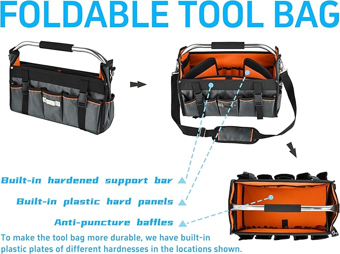 16 Inch Open Top Tool Bag, Thick 1680D Fabric, Foldable 29 Pockets Tool Tote Bags with Stainless Steel Handle & Padded Shoulder Strap, Easy Carry and Easy Tool Access