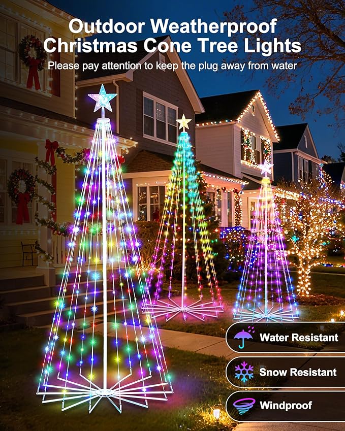 Smart Christmas Cone Tree LED Light, 6/7/8ft 900 LED Music Sync with Remote APP and Local Control, Pattern and Text Displayable, 16 Million Colors Light Show Tree for Indoor Outdoor Decorations