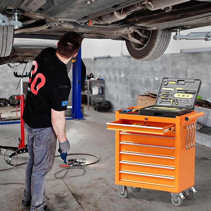 7 Drawers Rolling Tool Box, Portable Storage Tool Chest with Wheels, Toolbox with Lock for Warehouse, Garage, Repair Shop and Tool Room (Orange)
