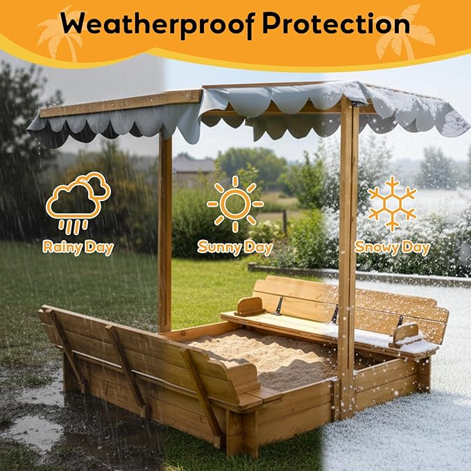 Kids Sandbox with Canopy & 2 Benches - 47 Large Wooden Outdoor Sand Box, Adjustable Weatherproof Cover, Easy-Fold Lid, Gift for Toddlers Ages 2-8, Backyard, Patio