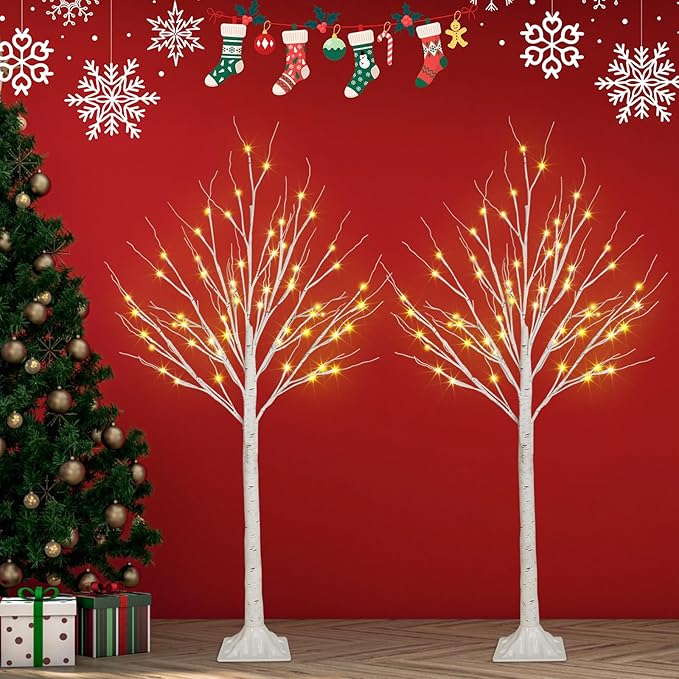 2-Pack 4FT Lighted Birch Trees (Higher Size & Floor Standing), 96 LED Twinkling Birch Christmas Tree Lights for Indoor & Outdoor, 2 Modes Warm White Tree Lights for Christmas Thanksgiving Home Decor