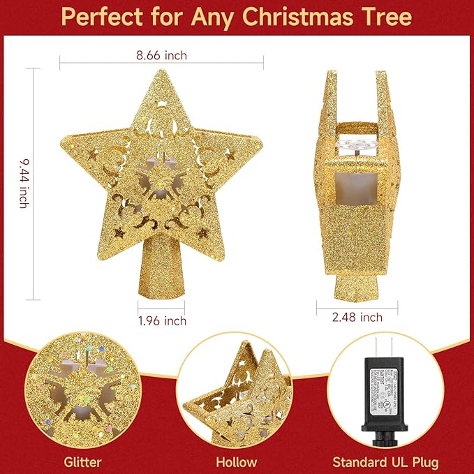 Christmas Tree Topper Lighted with Built-in LED Rotating Star Projector, 3D Hollow Glitter Gold Star Tree Topper for Xmas Party Holiday Christmas Decorations