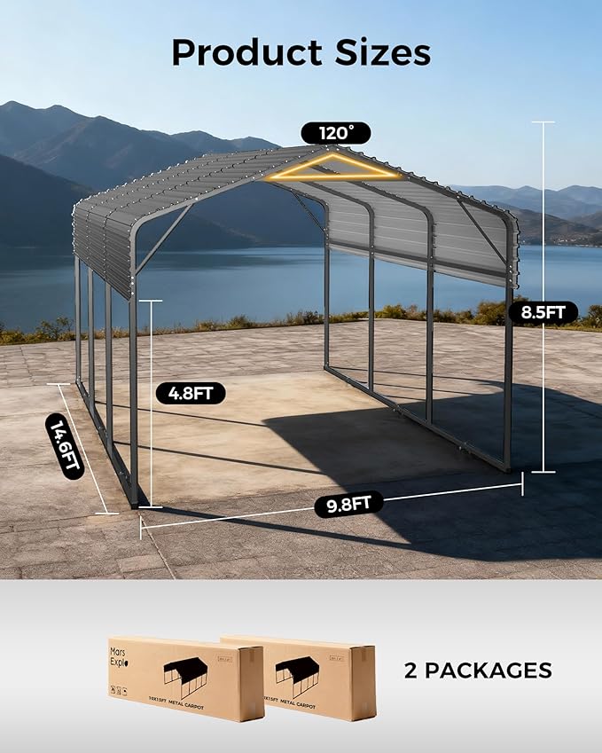 10x15FT Heavy Duty Metal Carport with Galvanized Steel Roof - All-Weather Car Shelter for Cars, Trucks, Boats, Reinforced Frame, Enhanced Base, Metal Car Port Garage
