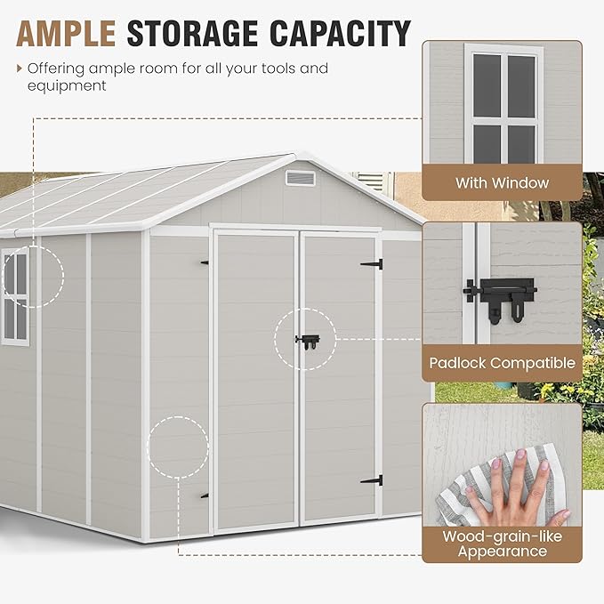 Amopatio 10x8 Storage Shed, Resin Outdoor Shed with Floor Included, Plastic Sheds Outdoor Storage for Bike, Garden Tools, Sheds & Outdoor Storage with Lockable Door, Window & Vents, Sandstone