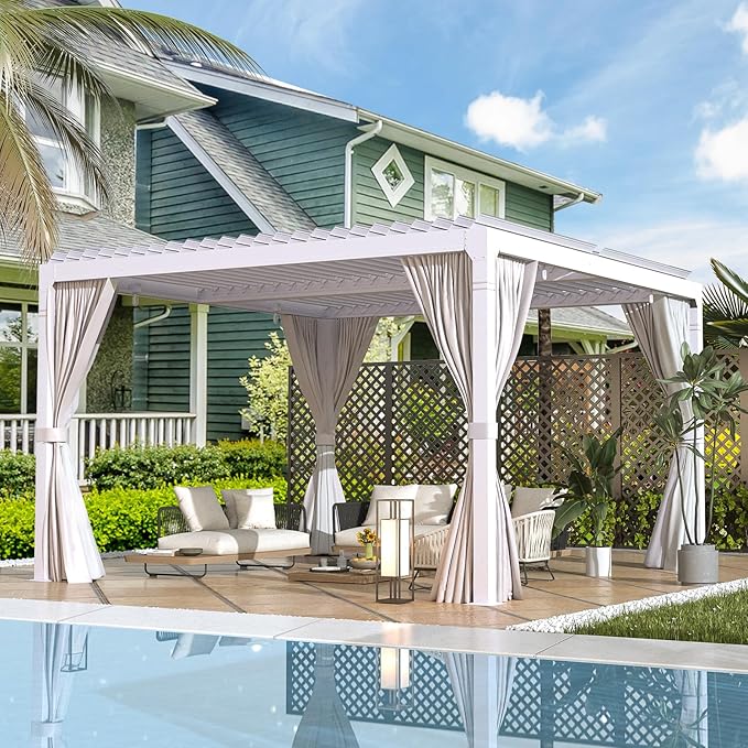 EROMMY Louvered Pergola 12' x 12' Outdoor Hard Top Pergola with Aluminum Frame and Adjustable Metal Rainproof Roof for Garden & Patio, Curtains and Netting Included, White