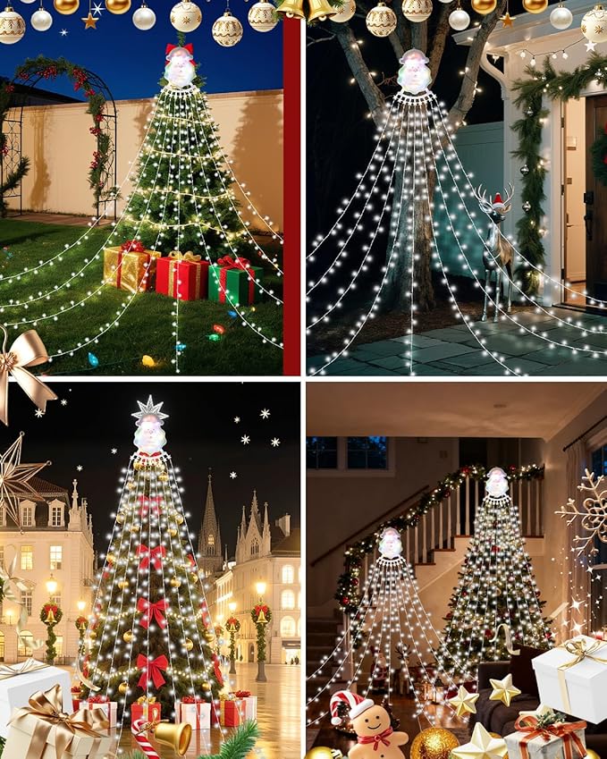 Christmas Decorations Outdoor String Lights - 335 LED 11.48ft 9 Strands Waterfall Tree Lights with Topper, 8 Lighting Modes Christmas Lights Indoor Decorative for Wedding Yard Party Home