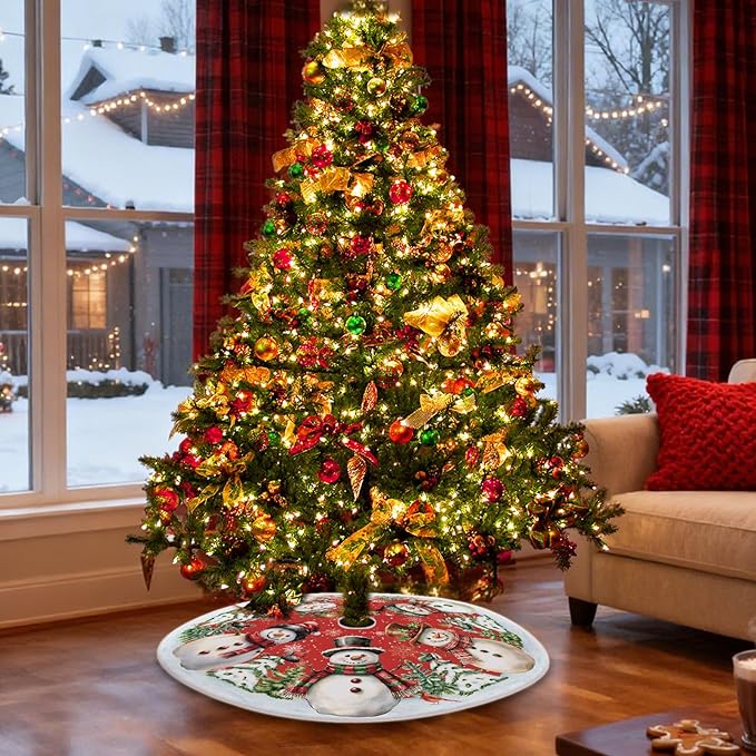 48 Inch Snowman Christmas Tree Skirt – Xmas Tree Mat for 6 to 7.5 Ft Trees, Durable & Soft Christmas Decorations for Home, Living Room, Party, Winter Holiday Decor