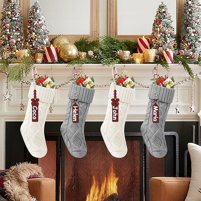 Christmas Stockings 18 Inches,Long Knitted Stocking with Name Tags, Christmas Decoration Hanging Stockings Fireplace Xmas Tree Ornaments for Home Family