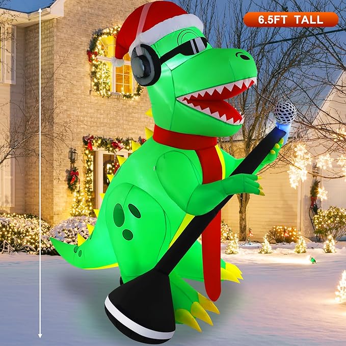 TCFUNDY 6.5FT Christmas Inflatable Dinosaur Singing Outdoor Patio Decoration, Giant Dinosaur with Built-in Bright LED Lights for Christmas Holiday Garden Lawn Decoration
