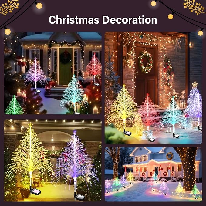 4 Packs Christmas Tree Solar Garden Light with Multi-Colored Change, Auto ON/Off Outdoor Yard Light, Solar Lighting for Garden, Porch, Christmas and Festival Decoration (S_Size)