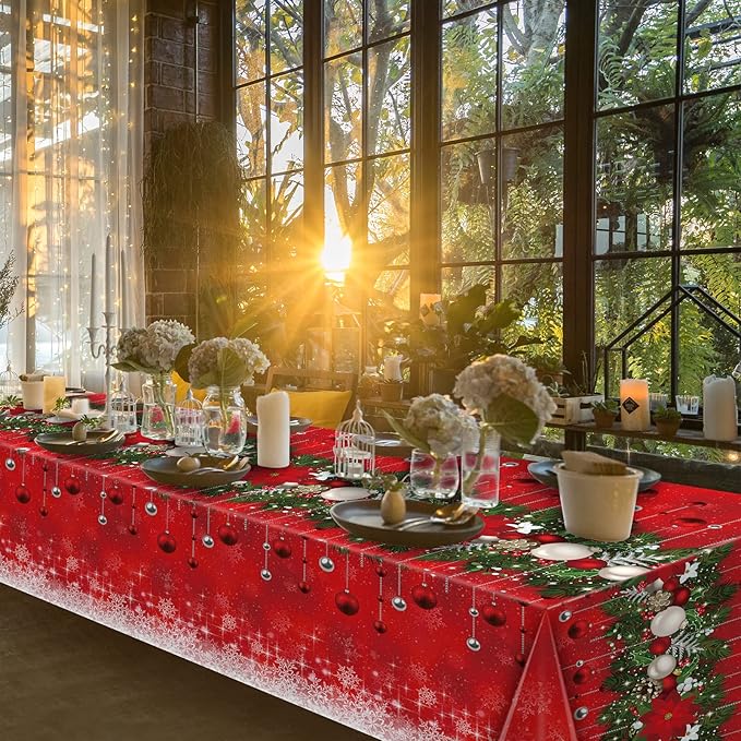 Jectivs 1Pieces Merry Christmas Tablecloth Plastic Christmas Tree Ball Table Cover Rectangle Winter Snowflake Tablecloth for Merry Christmas Holiday New Year Eve Party Decorations Supplies,54x108inch