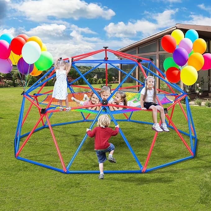 Hapfan Climbing Dome with Climbing Cargo Net, 10 ft Dome Jungle Gym with Hammock for Kids Outdoor Playset Monkey Bars Backyard (Red and Blue)