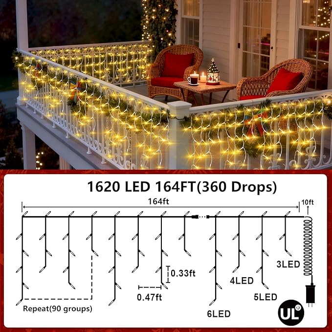 1620 LED 164ft Outdoor Christmas Lights, 12 Modes Dimmable Curtain String Lights with 360 Drops, Waterproof Twinkle Fairy Lights with Timer for Bedroom Window Holiday Wedding Xmas Decor, Warm White