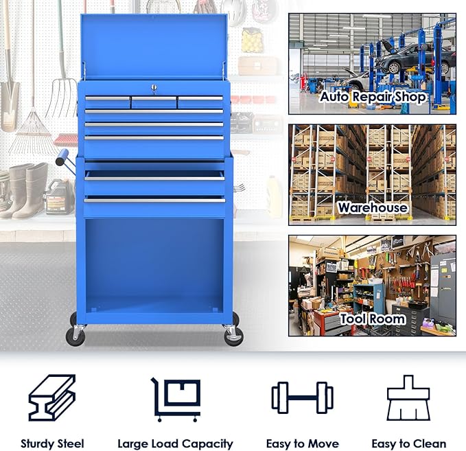8-Drawer Tool Box with Wheels, Rolling Tool Storage Cabinet with Detachable Top Tool Chest and Locking Mechanism, Metal Tool Cart for Garage Workshop and Room Use (Blue)