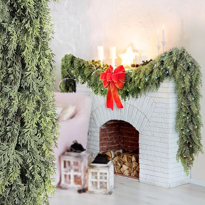 Cedar Christmas Garland with Lights for Mantle - 2 Pack Decorations 9ft Realistic Lighted Faux Pine Garlands for Xmas Home Decoration Indoor Stairs Railing Fireplace Outdoor Prelit Garland Door Decor
