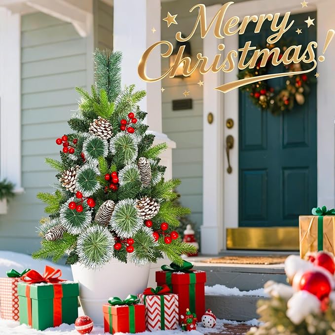 2 Pack Outdoor Christmas Tree Urn Fillers with 40 Warm & Colorful Change Lights, 8 Modes Timer, Pinecones Red Berries Decorations, Battery Operated for Holiday Planters Yard Porch Pathway Xmas Decor