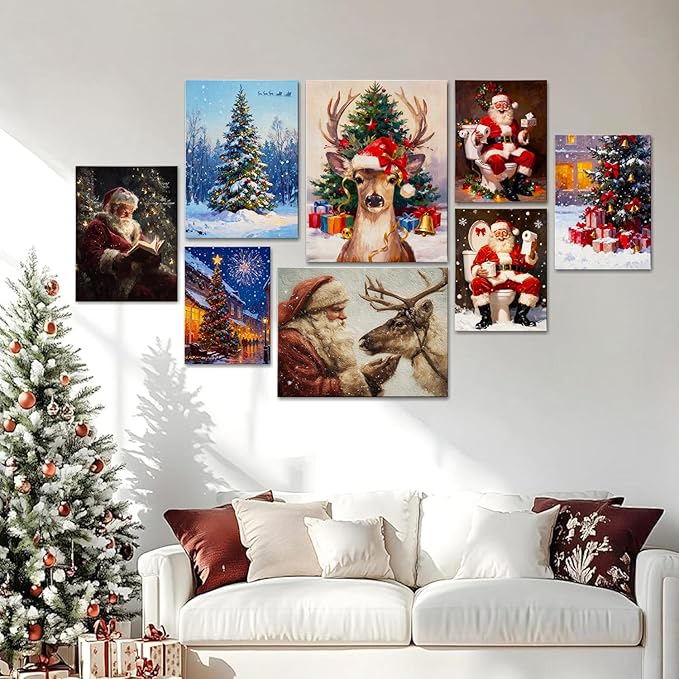 Vintage Christmas Tree and Gifts Box Canvas Wall Art - Festive Framed Print for Home Office Decor, Rustic Christmas Wall Art Picture, Ideal Christmas Gifts & Holiday Decorations