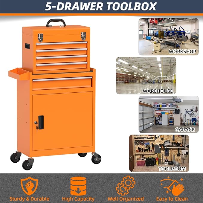 5-Drawer High Capacity Rolling Tool Box, Removable Cabinet Storage Tool Chest with Wheels and Drawers, Detachable Toolbox with Lock for Mechanics Garage Workshop and Tool Room (Orange)